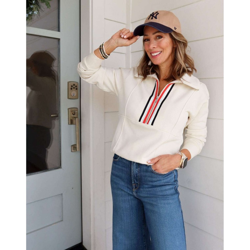 Evereve Quarter Zip Sweatshirt Womens Small Ivory Striped Trim Pullover